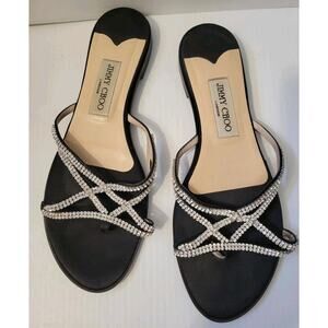 Jimmy Choo Black Satin Crystal Embellished Flat Slides Size 39.5